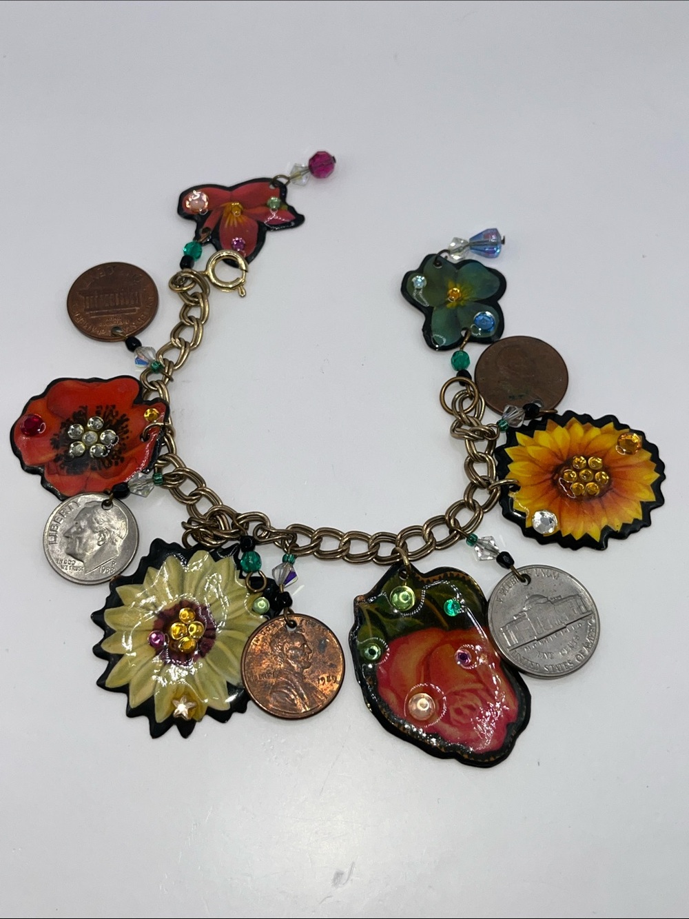 RARE!! Designs From The Deep decoupage Floral Coin Charm Bracelet HTF